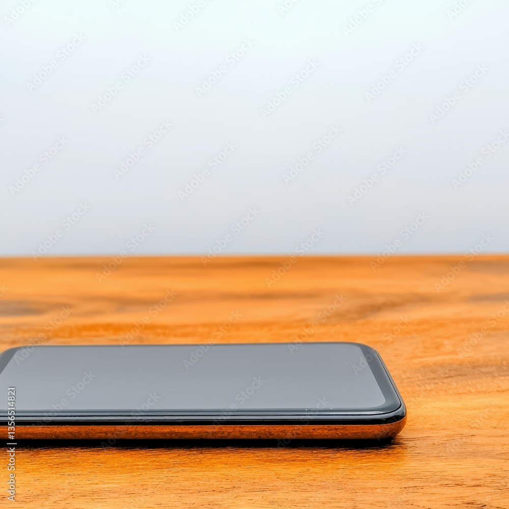Poster a mobile cell phone resting on a table surface with a soft focus background of indoor environment