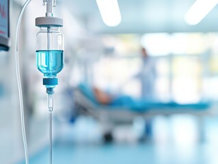 Medical fluid intravenous IV drip for patient in hospital room. Intravenous drip in a hospital setting, with a blurred background of medical staff and equipment.