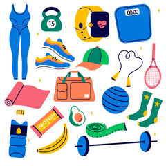 Naklejka premium Collection of fitness gym inventory elements, sport equipment. Healthy lifestyle concept.