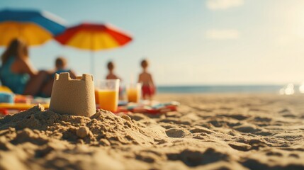 Family beach party gathering sunny shoreline children building sandcastles relaxing atmosphere