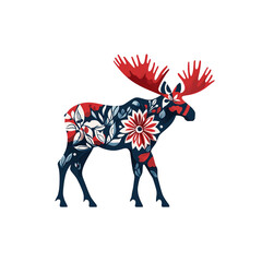 Obraz premium Floral Moose Elegant Wildlife Design with Red and Blue Flowers