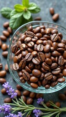 Fototapeta premium Fresh coffee beans in glass bowl with lavender and mint on gray surface