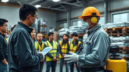Factory workers discussing plans while using protective equipment, safety focus