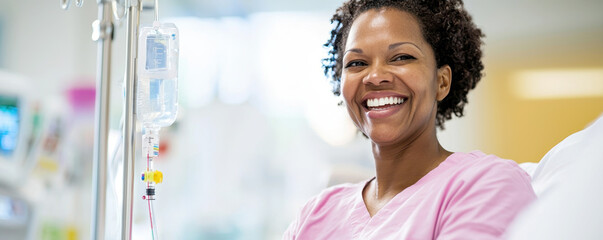 Medical fluid intravenous IV drip for patient in hospital room. Smiling patient in a hospital bed, showcasing resilience and positivity during recovery, with medical equipment in the background.