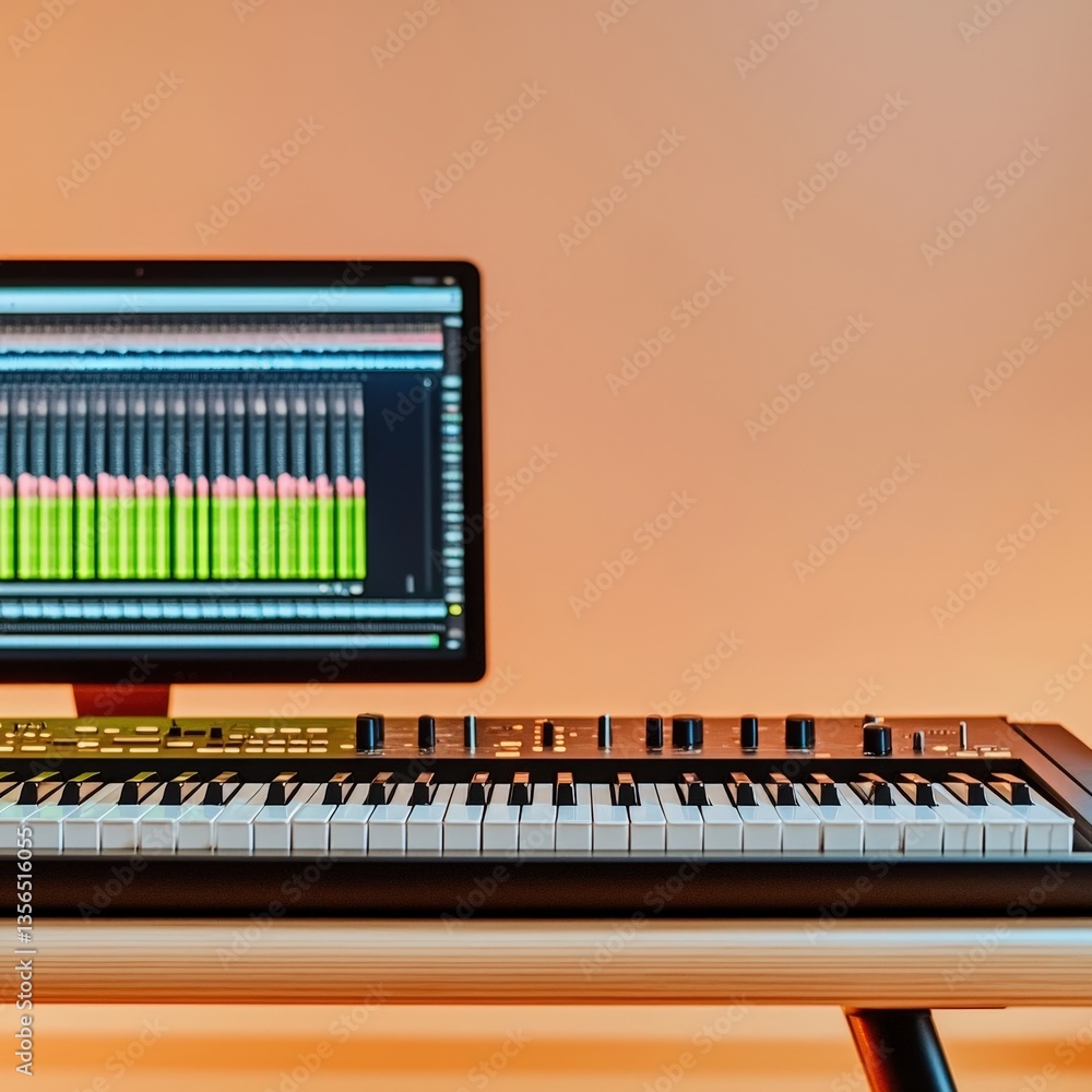 Poster computer keyboard and monitor set up on a desk with a focused workspace for digital tasks ahead