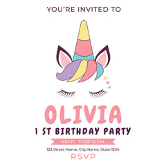 Invitation to children's birthday party. Cute card with unicorn on white background