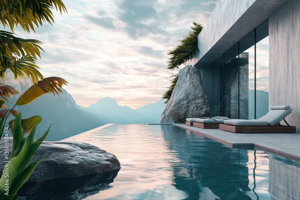 Poster scenic poolside view with mountain backdrop and modern architecture at sunset