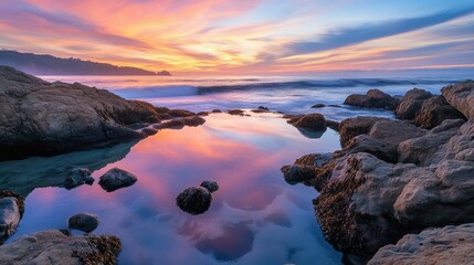 Beautiful sunset reflects over ocean tide pools and coastal rocks