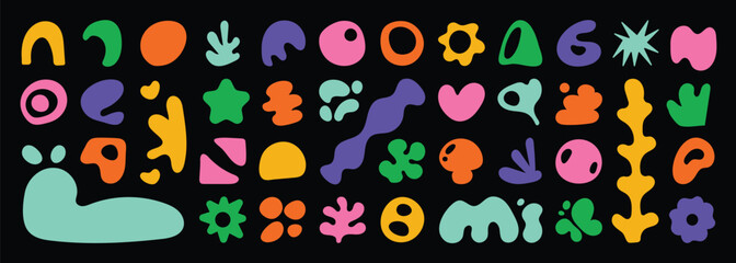 Set of abstract organic shapes vector. Collection of contemporary figure, leaf, flower, sparkle, geometric shape in funky groovy. Cute hippie design element perfect for banner, print, stickers.