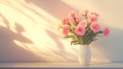 Naklejka premium Pink carnation flowers in vase on white wooden table with sunlight.