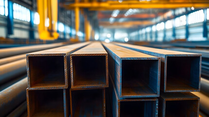Stacked steel square tubing in an industrial factory, showcasing durability and precision manufacturing. Perfect for construction, engineering, metalworking, and infrastructure design.
