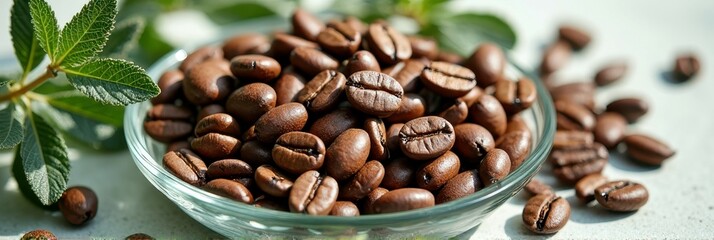 Fototapeta premium Glass bowl of roasted coffee beans on table with fresh green leaves