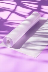 Rolled White Plastic Sheet on Purple Background with Palm Shadows