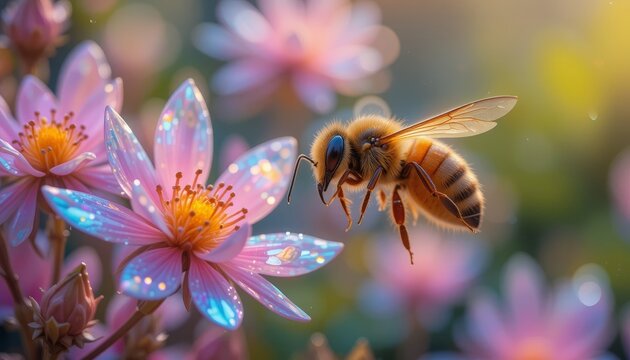 An extreme close-up photo of a bee in mid-flight, hovering near a cluster of unique, futuristic lush flowers. The bee's body is sharply detailed, showcasing its delicate wings, fuzzy texture, and intr