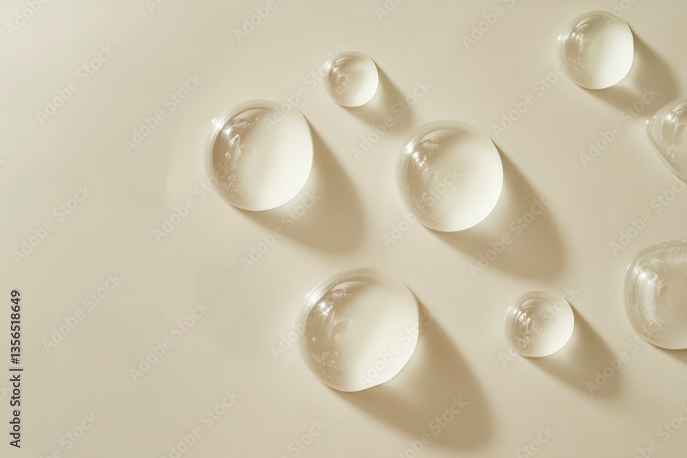 Poster transparent water droplets on a soft beige background, creating an elegant and minimalistic composit