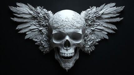Gothic skull featuring intricately detailed angelic wings in stark white contrasted with deep black background, atmospheric chiaroscuro lighting, digitally illustrated gothic revival style,