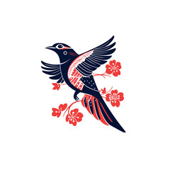 Fototapeta premium Stylized Bird in Flight Amongst Cherry Blossoms - Dark Blue and Coral Design