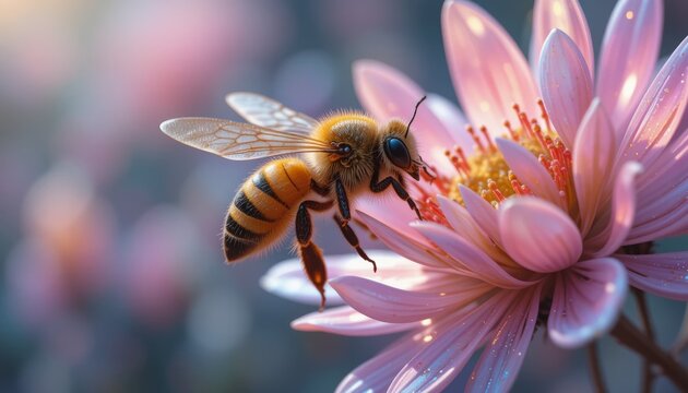 An extreme close-up photo of a bee in mid-flight, hovering near a cluster of unique, futuristic lush flowers. The bee's body is sharply detailed, showcasing its delicate wings, fuzzy texture, and intr