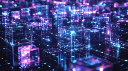 Cybernetic Cubescape: A Digital Metropolis of Glowing, Interconnected Data Blocks