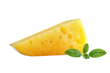 A Vibrant Wedge Of Golden Cheese, Inviting And Delicious, Rests On A Pristine Isolated on Transparent Background, Accented By Fresh Green Leaves