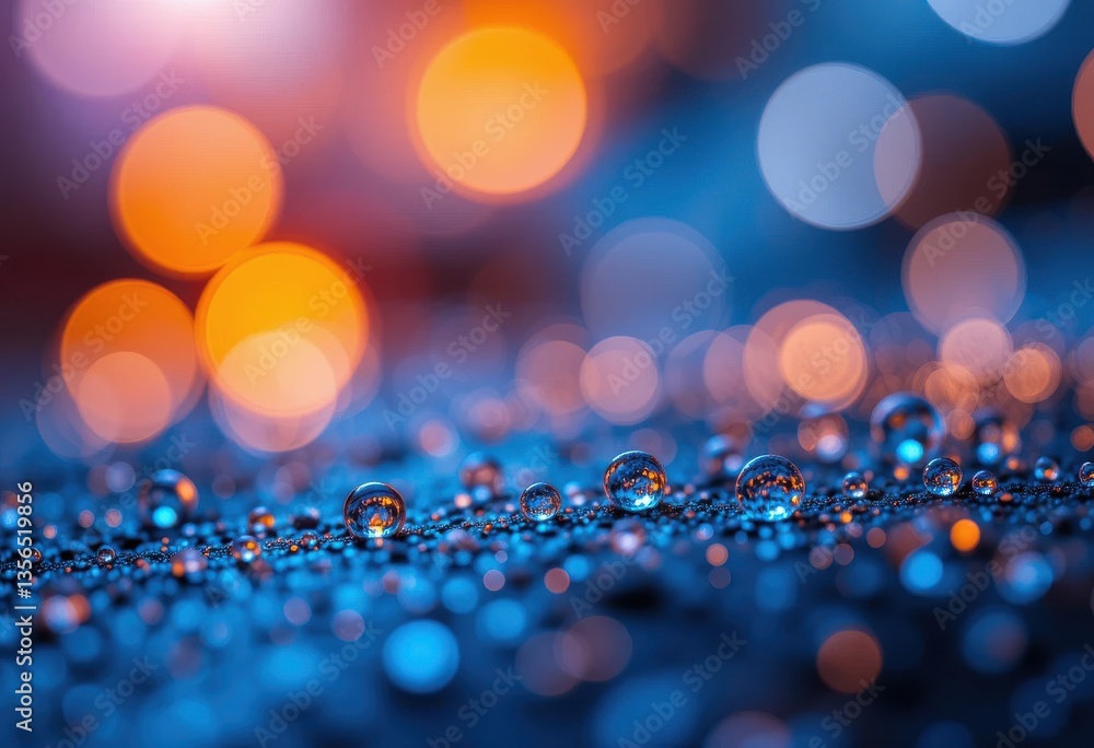Poster water droplets on dark surface with orange blue bokeh lights abstract background wet glow macro
