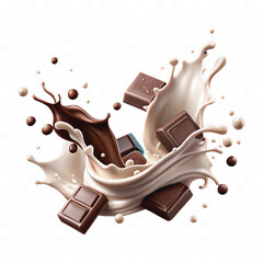Realistic 3d milk and chocolate splashes against each other isolated on white background	