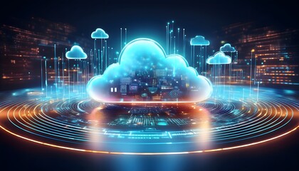 Fototapeta premium A futuristic cloud storage concept with floating digital data streams and holographic file.