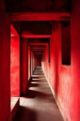 Fototapeta premium Red Corridor Long Perspective Architecture AI Art