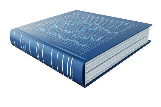 A Weighty Tome Of Market Data, Its Deep Blue Cover Embossed With Intricate Financial Charts, A Silent Testament To Years Of Economic History In A Sharp 3d Render Isolated on Transparent Background