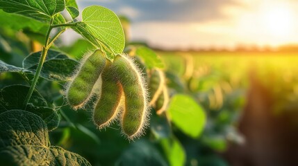 Morning sunlight bathes lush soybean plants, highlighting their green leaves and fuzzy pods in a vibrant field.
