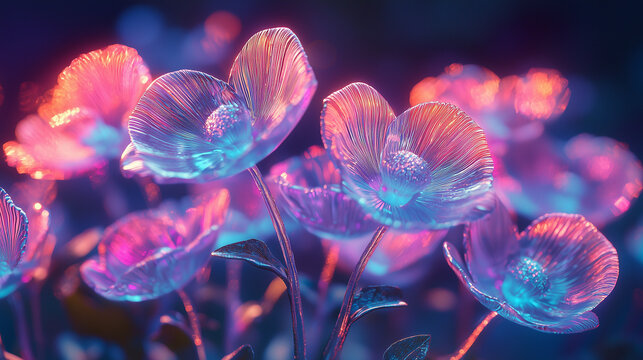 Luminous Glass Flowers: A Surreal Floral Fantasy in Neon Hues