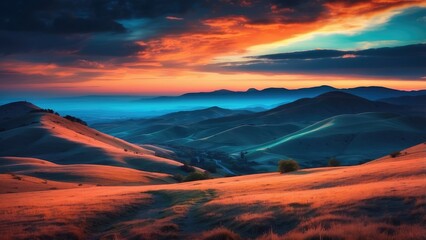 A vibrant, digitally-created landscape of gently rolling hills is illuminated by countless small orange lights