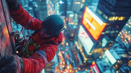Industrial Climber on a High Rise Building at Night. A Stunning View of City Lights
