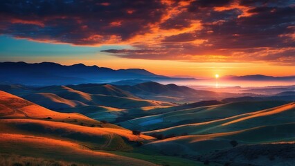 Fototapeta premium A vibrant, digitally-created landscape of gently rolling hills is illuminated by countless small orange lights