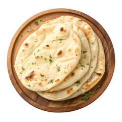 naan bread on wooden plate isolated on white background