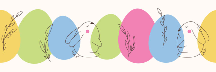 Happy Easter modern and colorful seamless pattern. Vector design with Easter eggs, bunnies, leaves for banner, card or flyer. 