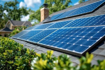 Fototapeta premium Suburban Home Solar Panels Clean Energy with Green Roof.