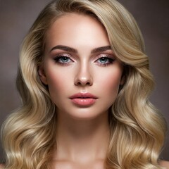 Fototapeta premium Woman with beautiful long blond hair & makeup. Close-up portrait of woman model with beautiful long blond hair & chic make-up