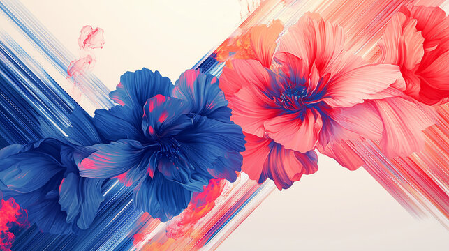 Abstract Floral Canvas: Blue and Red Flowers in Dynamic Brushstrokes