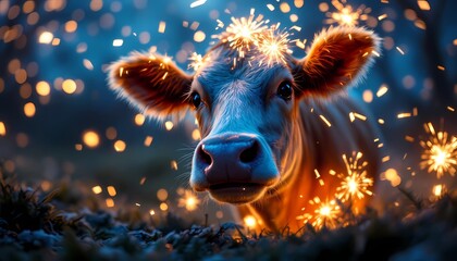 Cow with Sparklers Festive Celebration Under Magical Night Glow