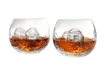 Two Elegant, Sculpted Whiskey Glasses Filled With Amber Liquid And Large Ice Spheres, A Sophisticated Moment Of Quiet Luxury On A Pristine Isolated on Transparent Background