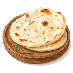 naan bread on wooden plate isolated on white background