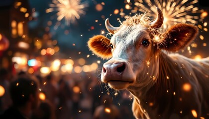 Cow Celebrating with Fireworks at Night Festival, Festive Event