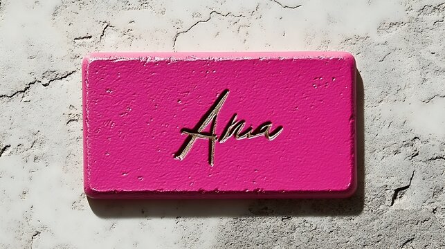 Pink rectangular nameplate with "Ana" engraved.