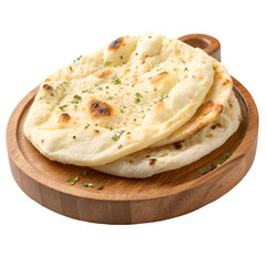 naan bread on wooden plate isolated on white background