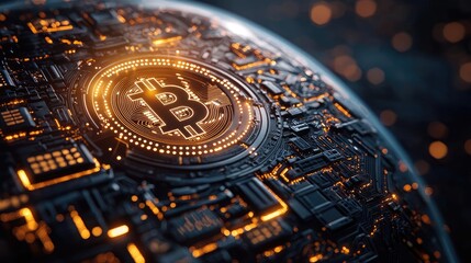 Fototapeta premium Earth at night showing world map and digital finance concept. Close-up of a futuristic Bitcoin circuit design.