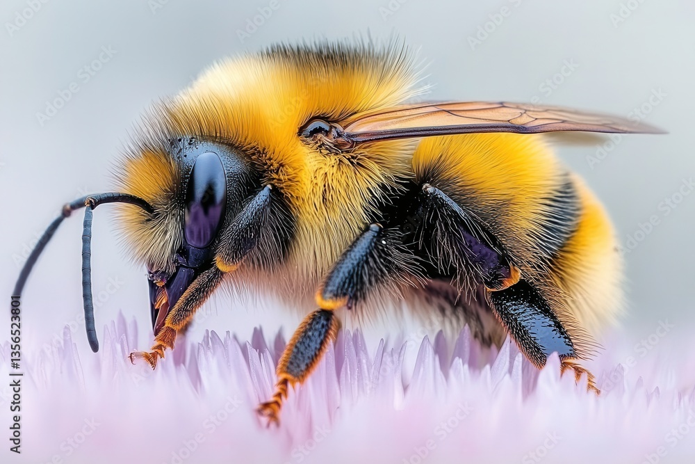 Poster detailed macro photograph of a bumblebee collecting pollen on a purple flower in a natural setting w