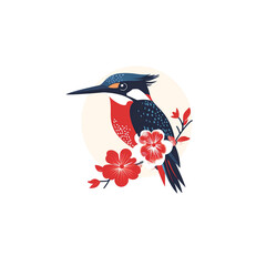 Obraz premium Elegant Kingfisher Bird with Red Blossoms on Beige Circle