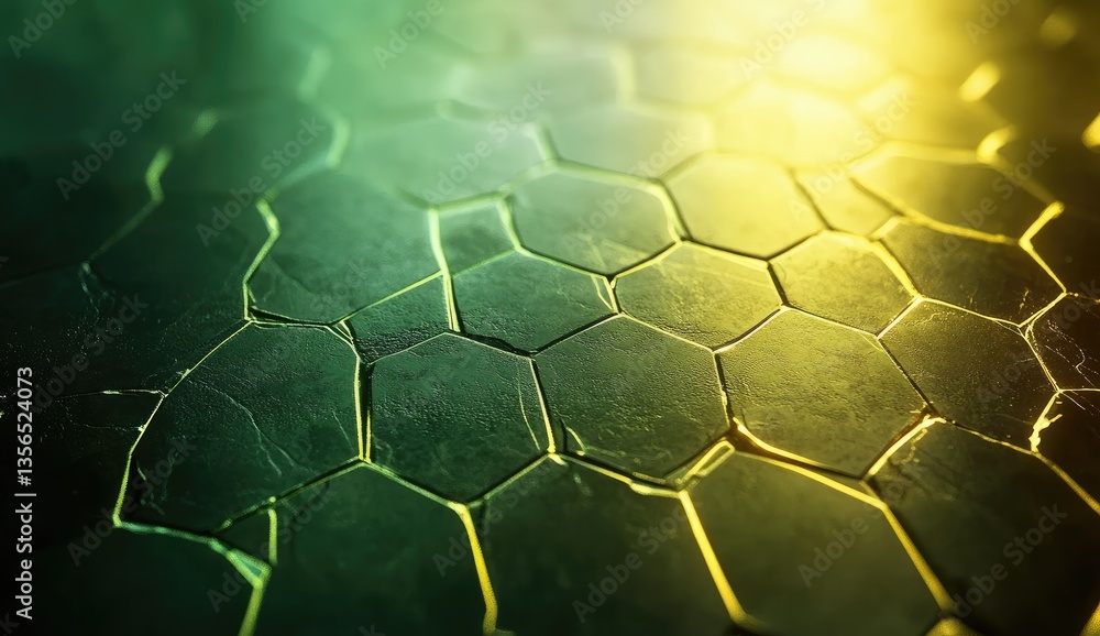 Poster abstract honeycomb texture, vibrant green and gold. a close-up view of a patterned surface, composed