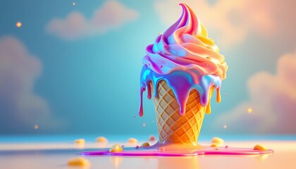 Colorful Dripping Ice Cream Cone on Table Against Sky Background